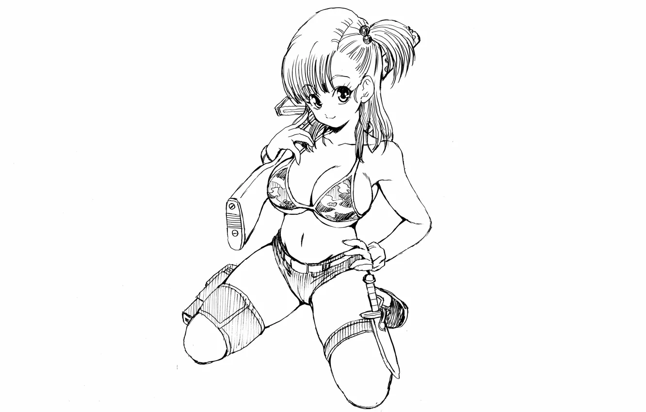 Photo wallpaper girl, gun, sexy, cleavage, shorts, legs, boobs, anime