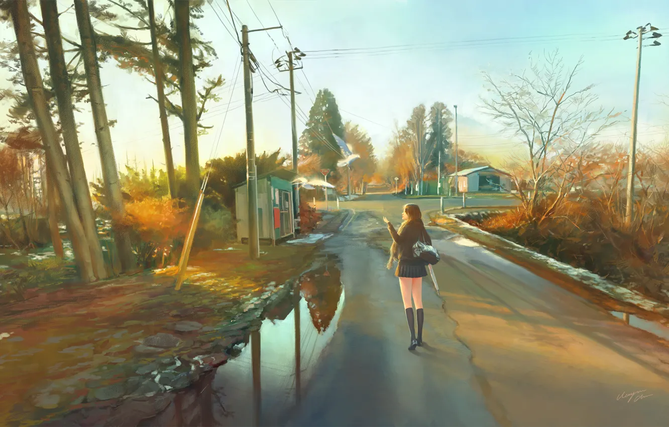 Photo wallpaper road, girl, posts, wire, home, anime, art, form