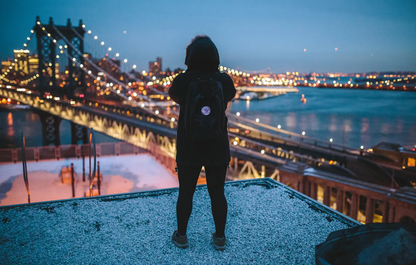 Photo wallpaper girl, night, lights, New York, the hood, Manhattan, backpack, on the roof