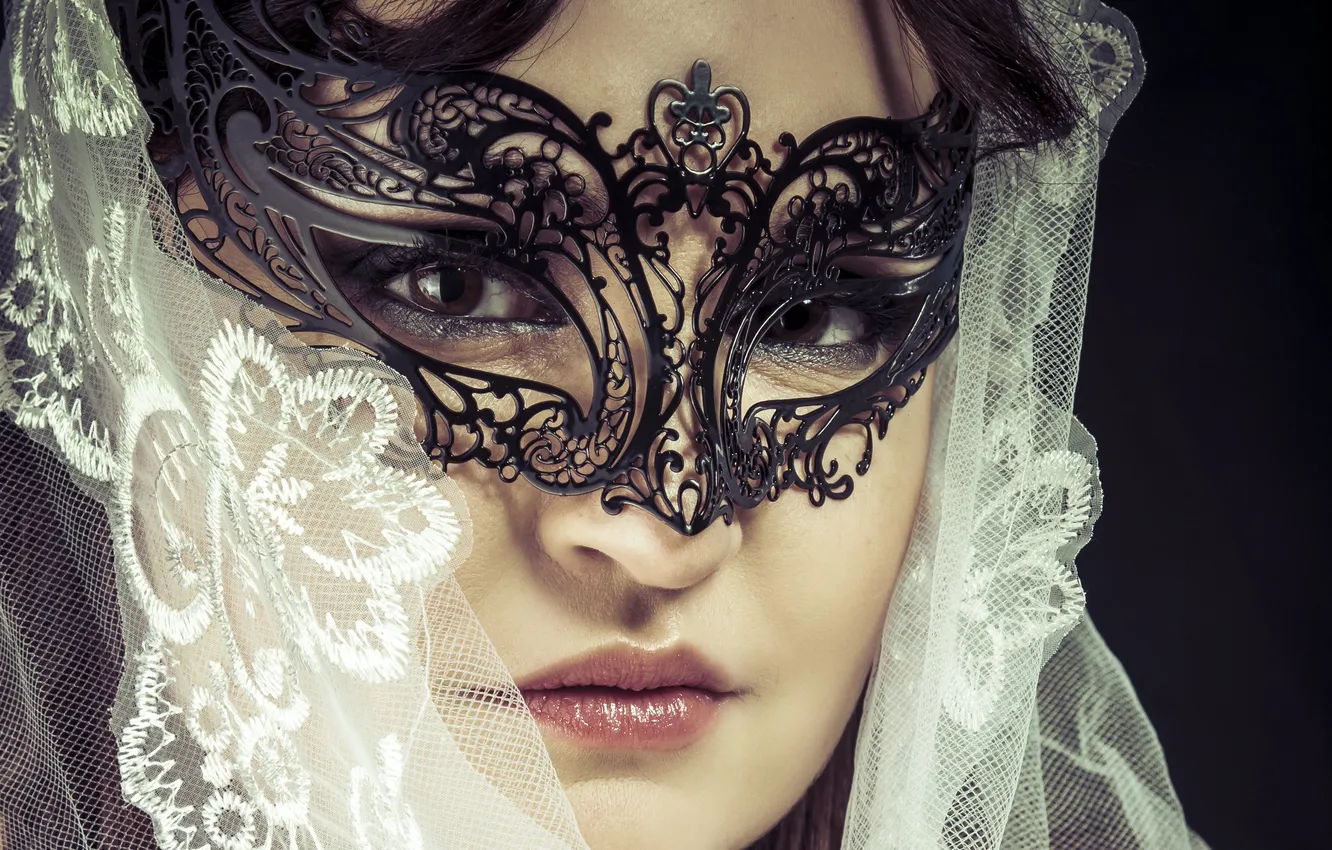 Photo wallpaper look, girl, background, mask, brown eyes