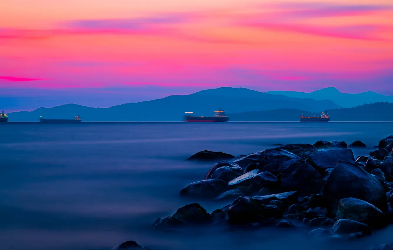 Photo wallpaper sea, mountains, ship, HDR, glow