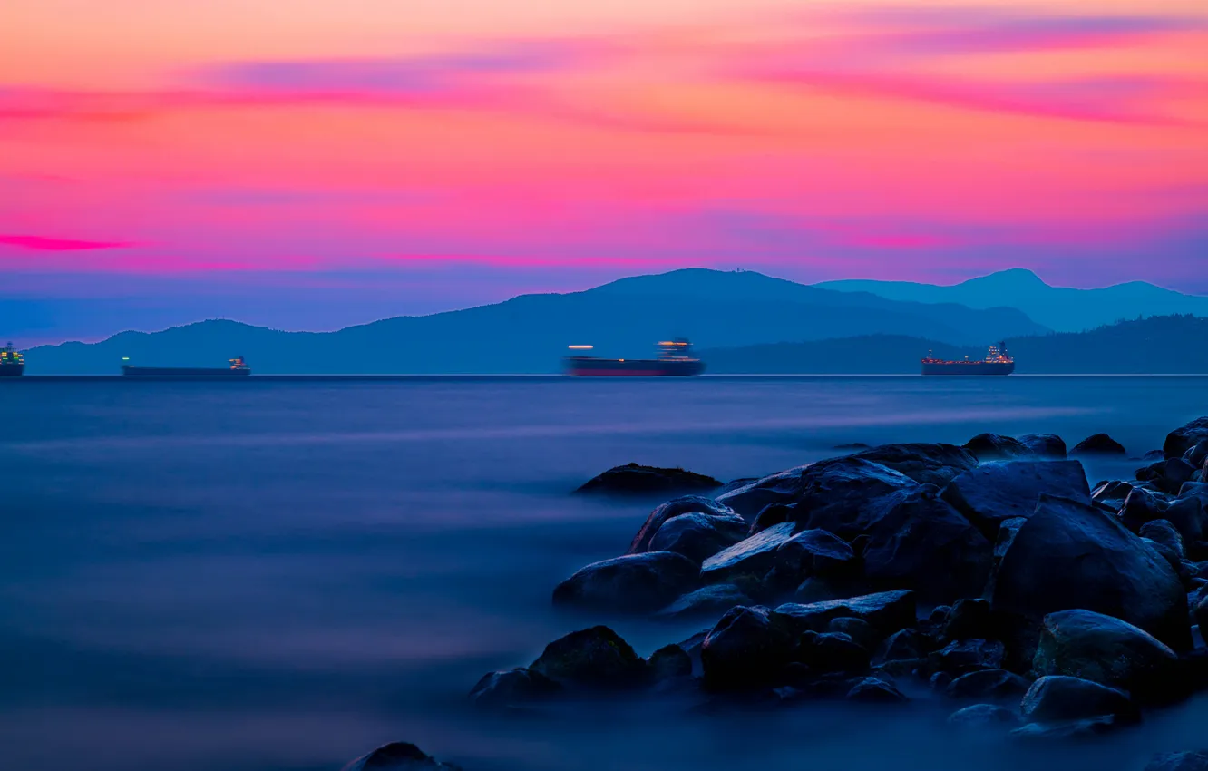 Photo wallpaper sea, mountains, ship, hdr, glow