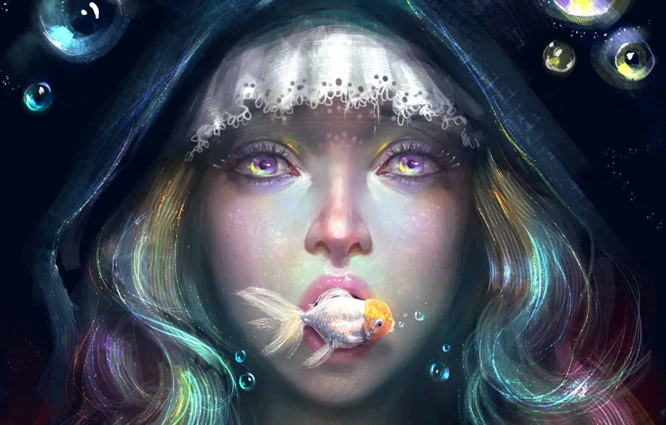Photo wallpaper girl, bubbles, hair, fish, hood, under water, goldfish