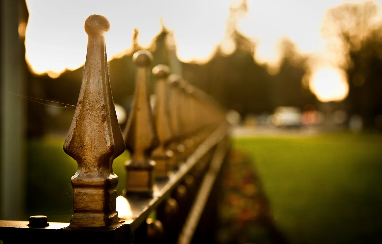 Photo wallpaper the sun, rays, nature, the fence, blur, bokeh