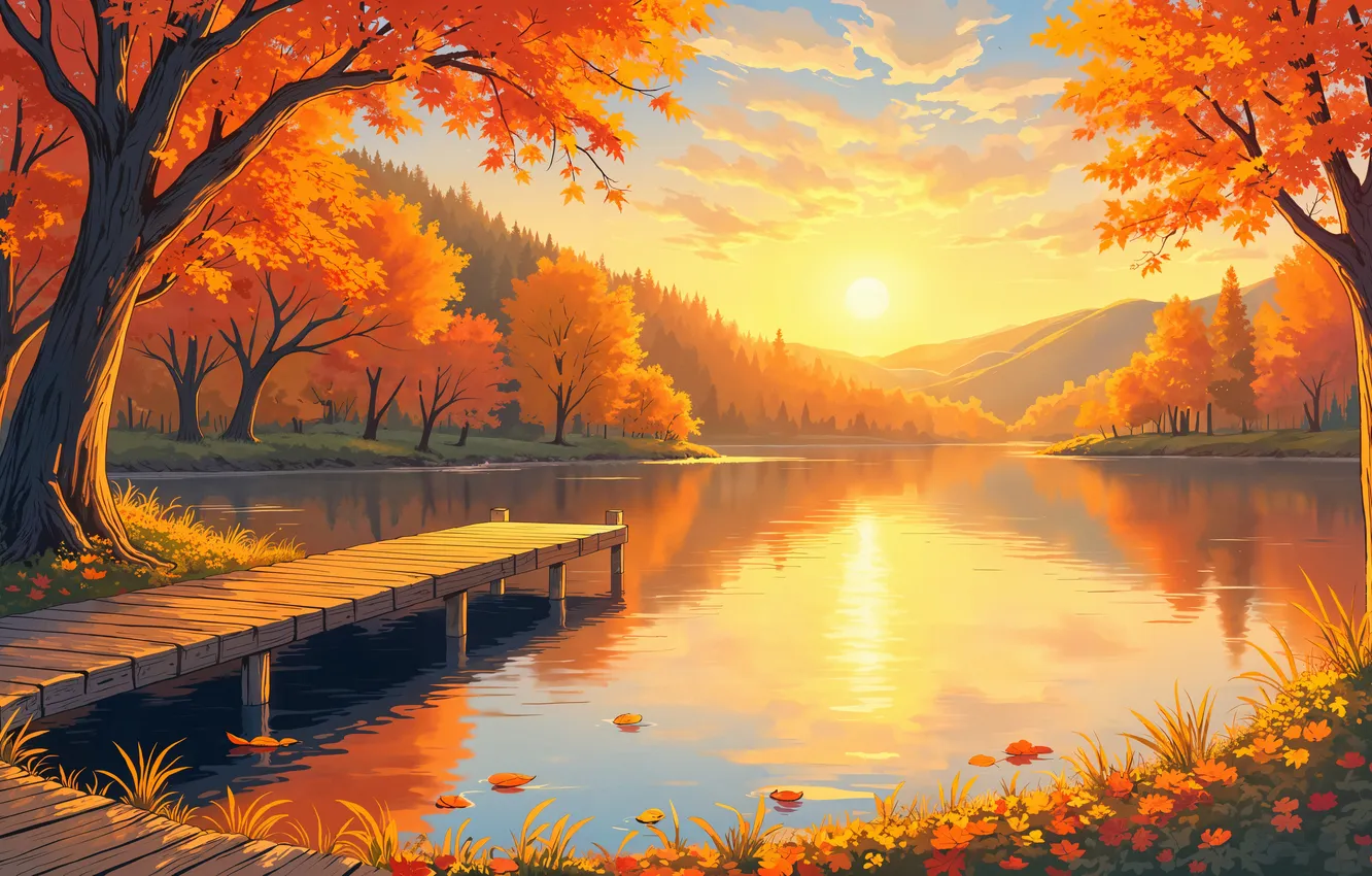 Photo wallpaper the sun, clouds, trees, mountains, river, dawn, digital art, AI art