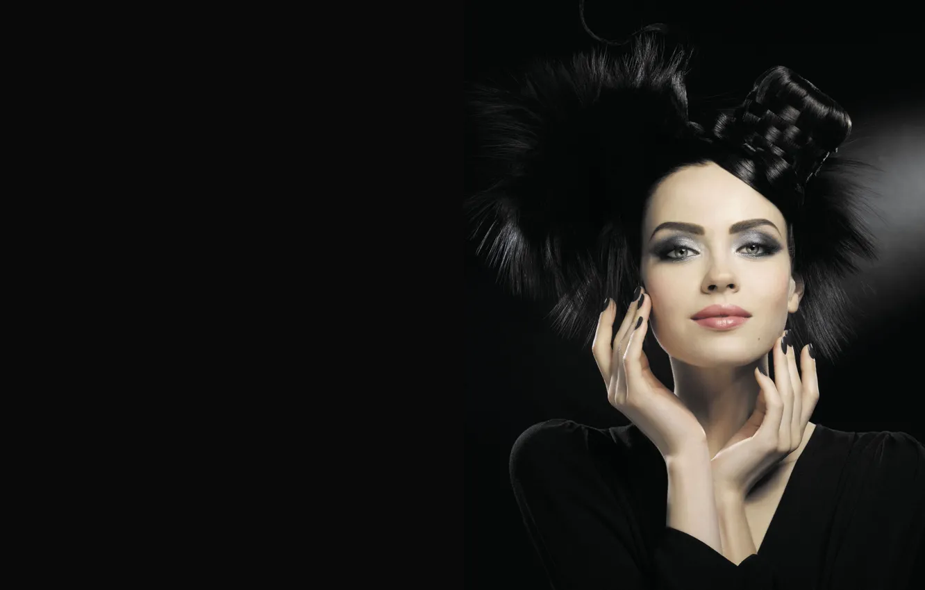 Photo wallpaper girl, model, brunette, hairstyle, black background