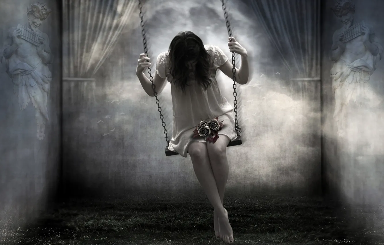 Photo wallpaper girl, swing, horror