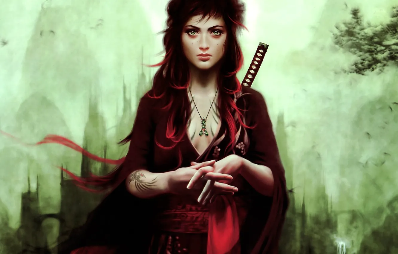 Photo wallpaper girl, fog, rocks, tower, katana, pendant, tattoo, mole