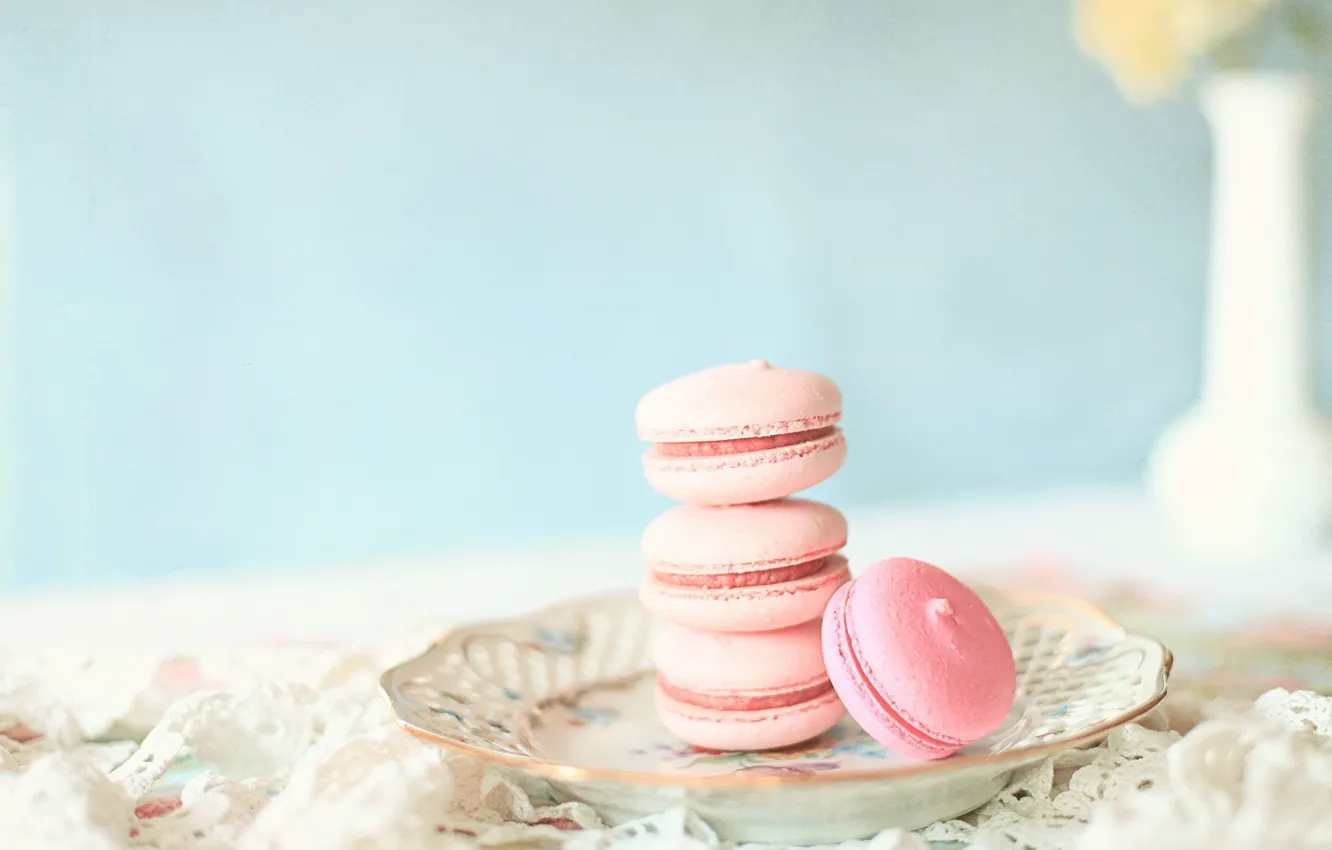 Photo wallpaper food, cookies, plate, pink, cakes, macaron