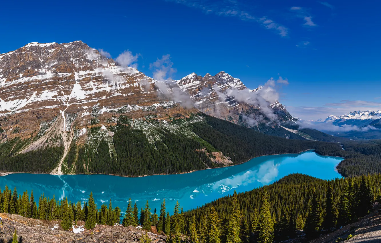 Photo wallpaper forest, mountains, lake, blue, shore, tops, ate, Canada