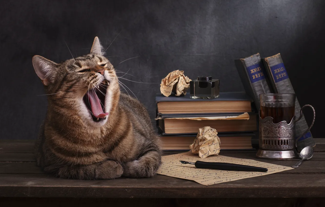 Photo wallpaper cat, cat, glass, paper, animal, books, handle, ink