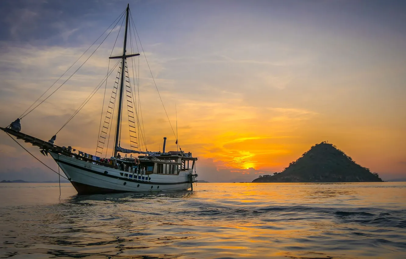 Photo wallpaper sea, sunset, ship, island, sailboat, the evening