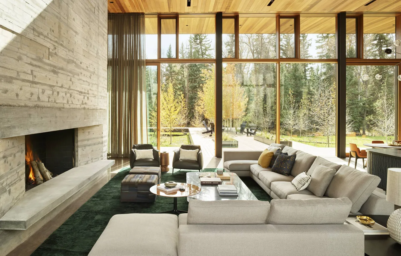 Photo wallpaper design, style, interior, fireplace, living room, Wyoming, by CLB Architects, Riverbend
