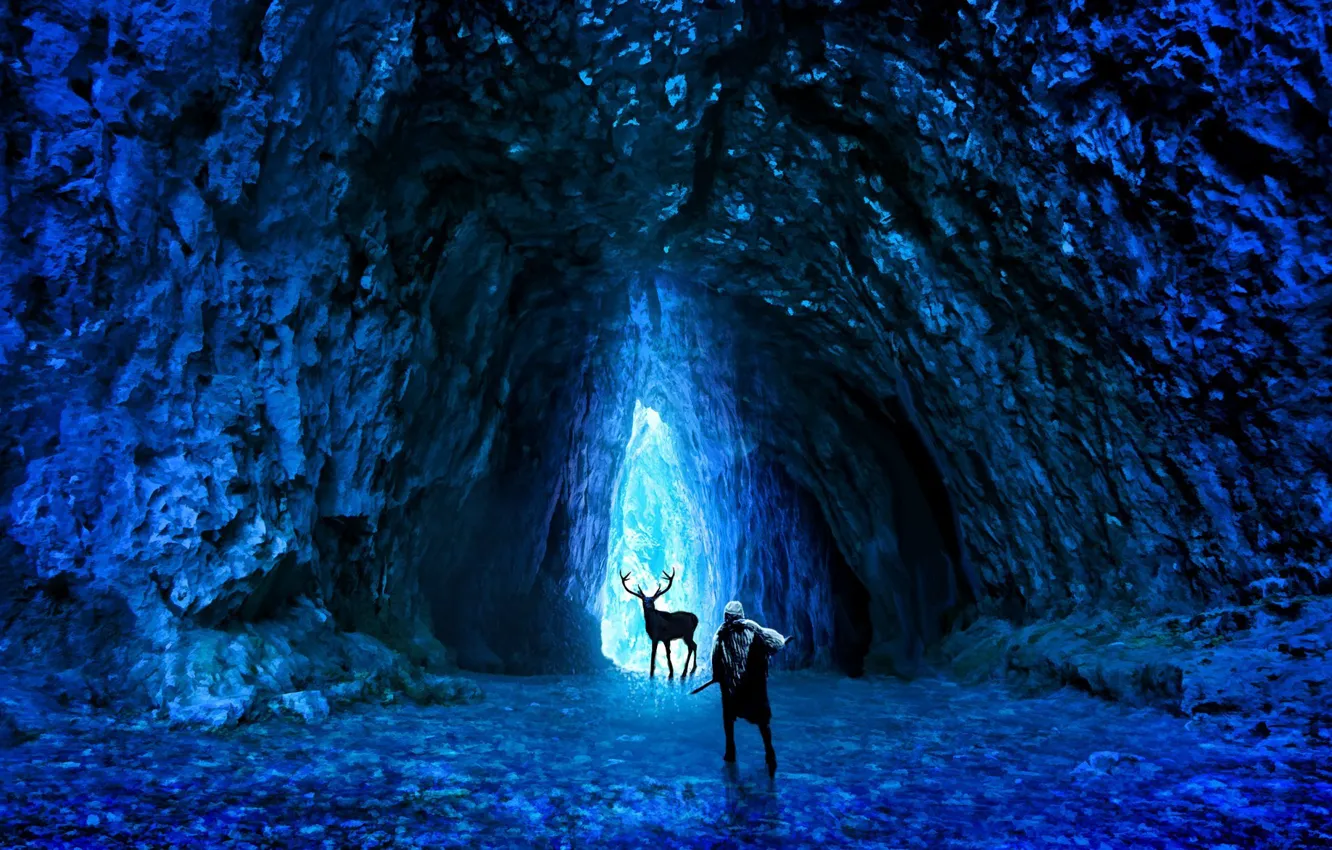 Photo wallpaper cold, ice, weapons, people, deer, art, cave, romance of the Apocalypse