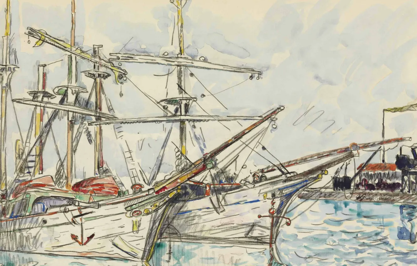 Photo wallpaper figure, ship, port, watercolor, Saint-Malo, Paul Signac