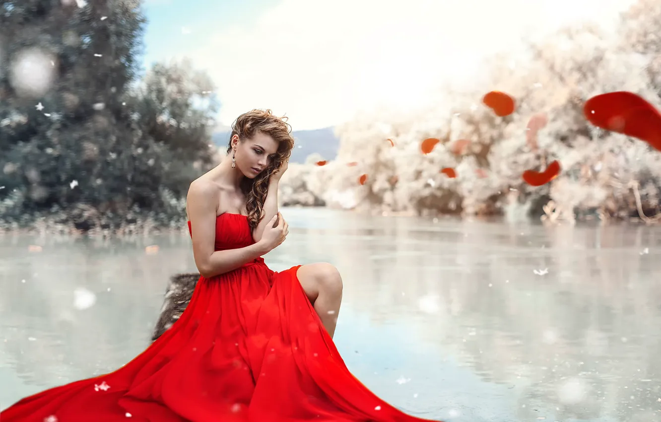 Photo wallpaper makeup, legs, in red, Alessandro Di Cicco, The enchanted lake