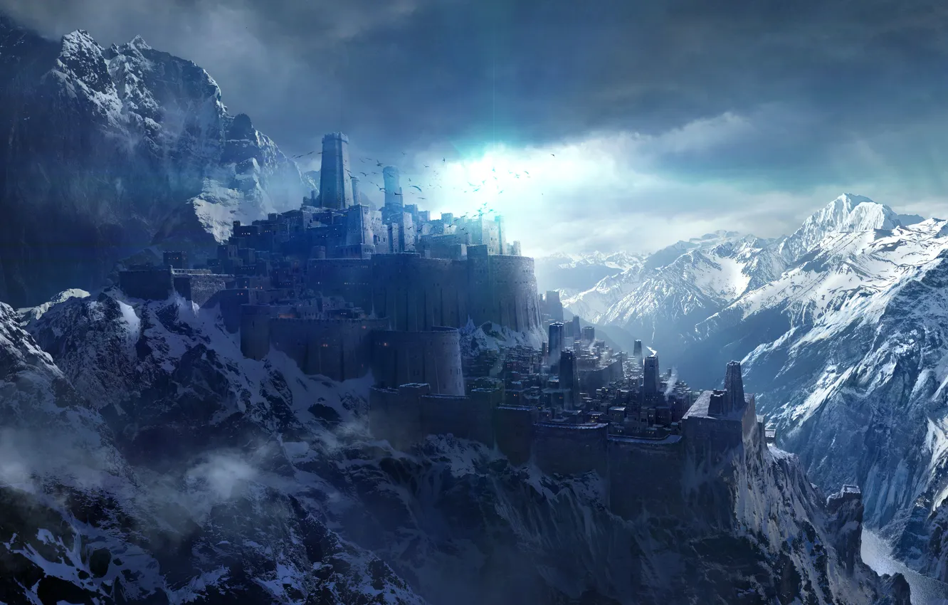 Photo wallpaper winter, the sky, clouds, light, snow, mountains, clouds, nature