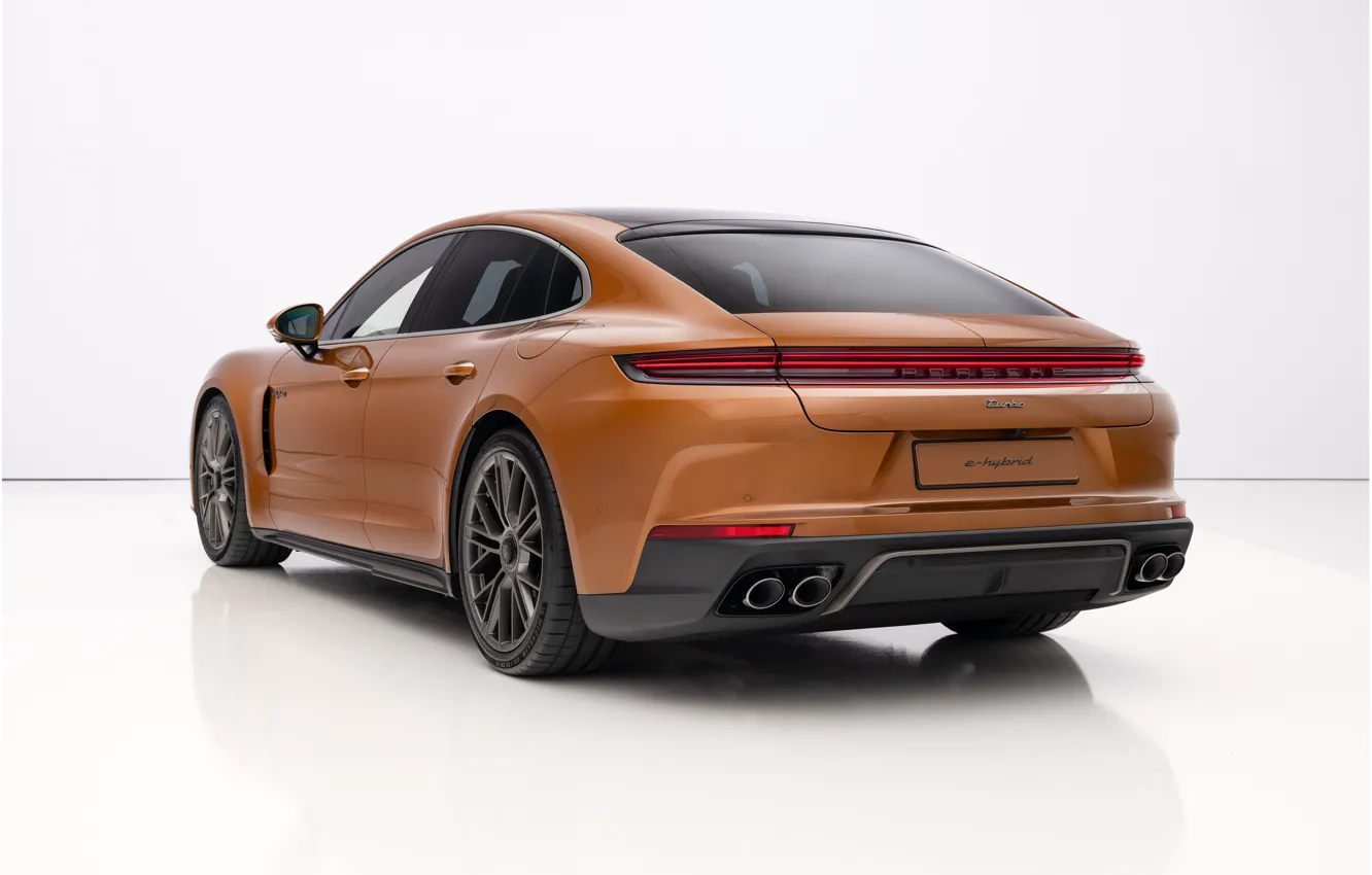 Photo wallpaper Porsche, white background, side view, rear view, E-Hybrid, Panamera Turbo, 2024, Porsche Panamera Turbo E-Hybrid