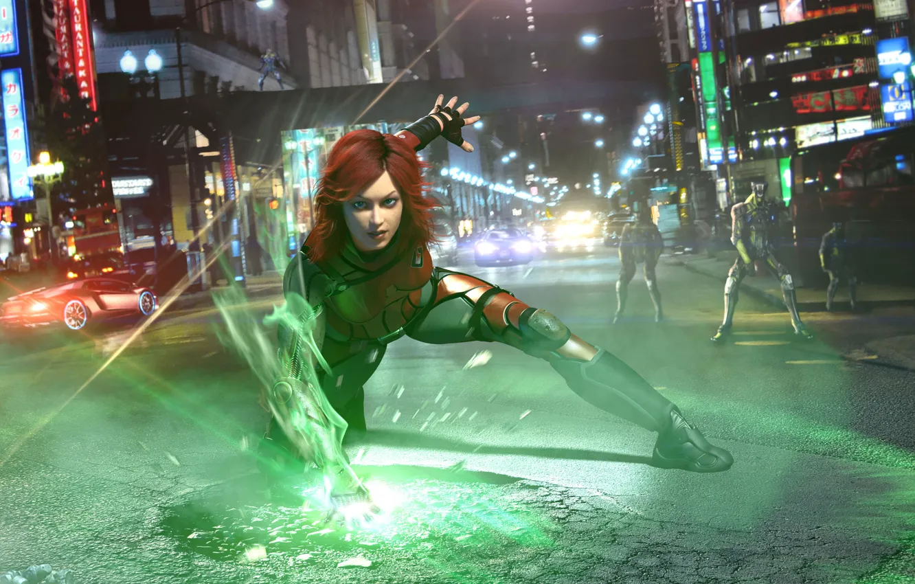 Photo wallpaper machine, asphalt, girl, rays, the city, cracked, robot, home