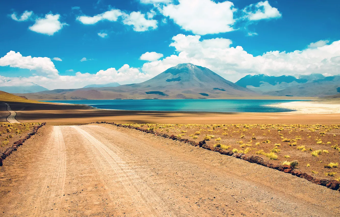 Photo wallpaper road, desert, cloud, mountain, lake, chile, atacama