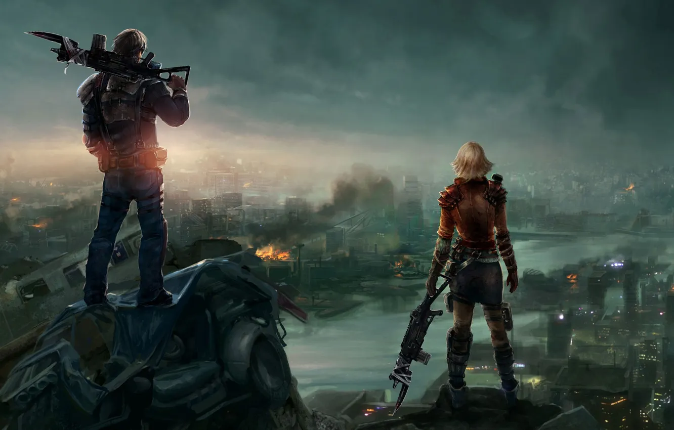 Photo wallpaper girl, the city, river, weapons, art, guy, back, fires