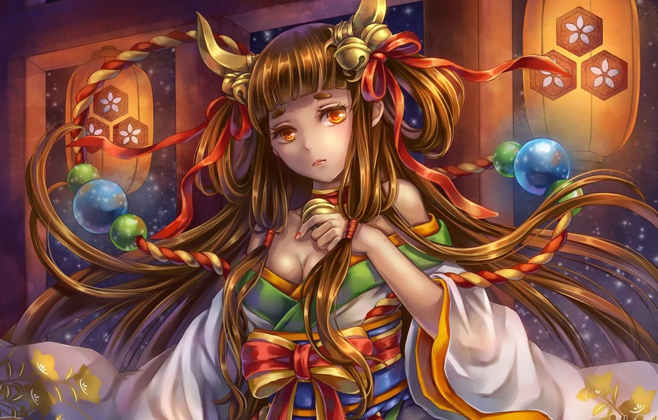 Photo wallpaper girl, art, tape, horns, kimono, bow, bells