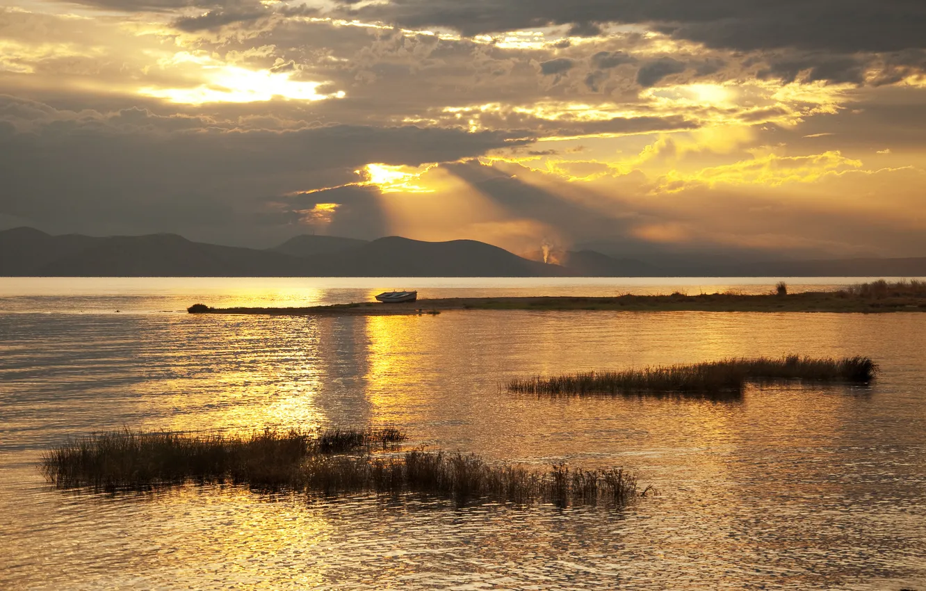 Photo wallpaper sunset, mountains, lake, boat, gold