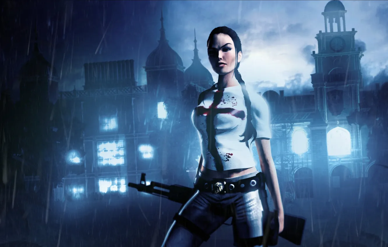 Photo wallpaper girl, night, rain, machine, mansion, Lara Croft, fan art