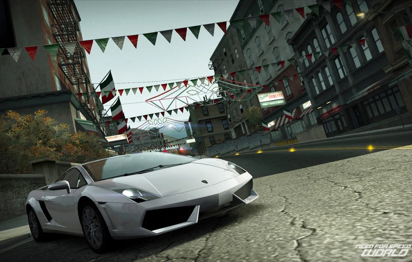Photo wallpaper road, street, world, Lamborghini, Gallardo, Need for Speed, flags
