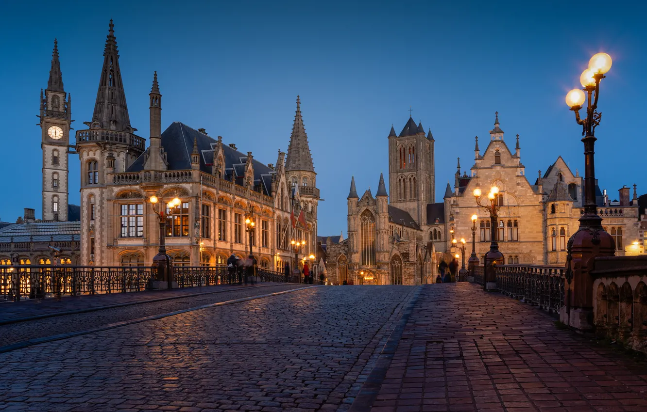 Photo wallpaper the evening, lights, Belgium, Ghent