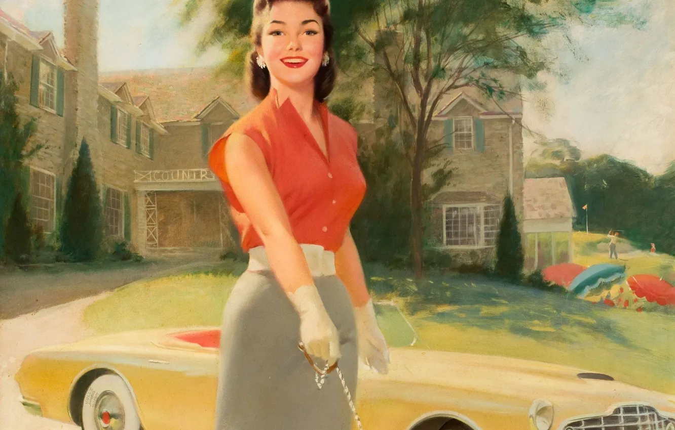 Photo wallpaper machine, girl, retro, skirt, home, gloves, Bill Medcalf