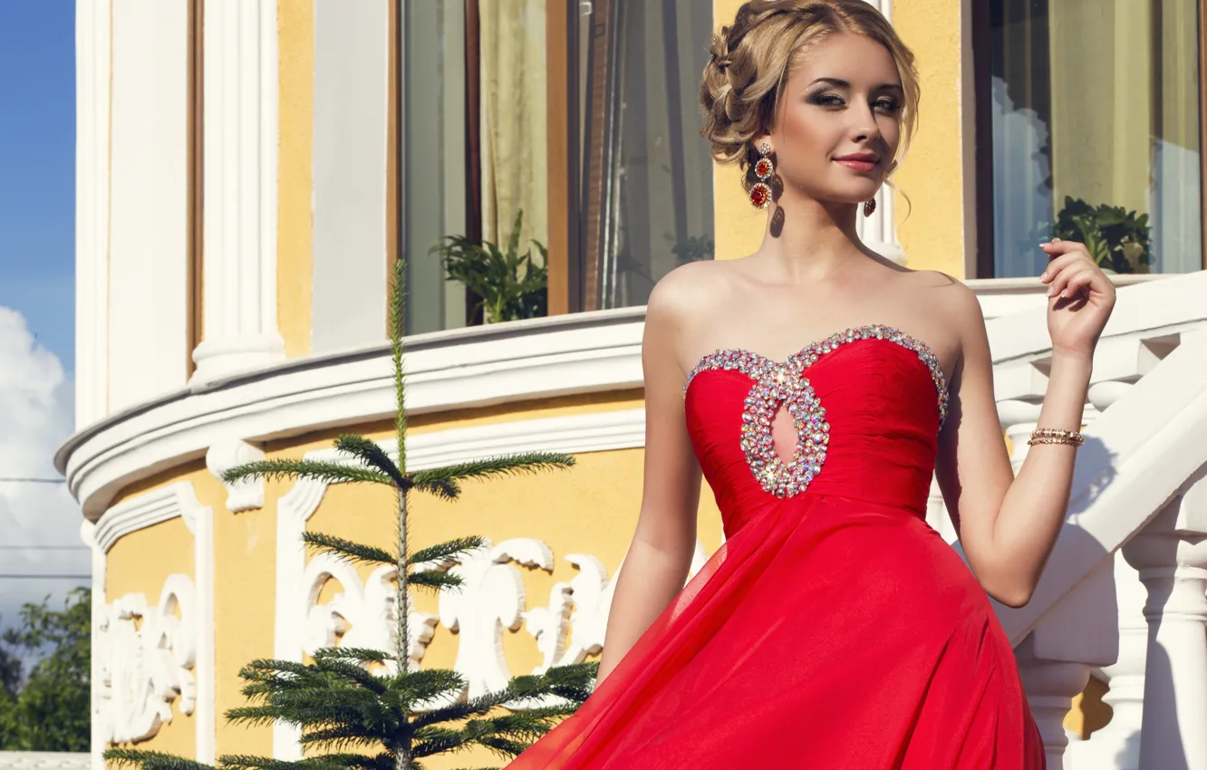 Photo wallpaper look, girl, decoration, earrings, hairstyle, blonde, red dress