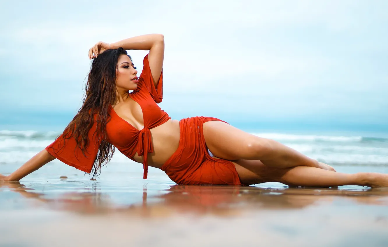 Photo wallpaper sea, girl, shore