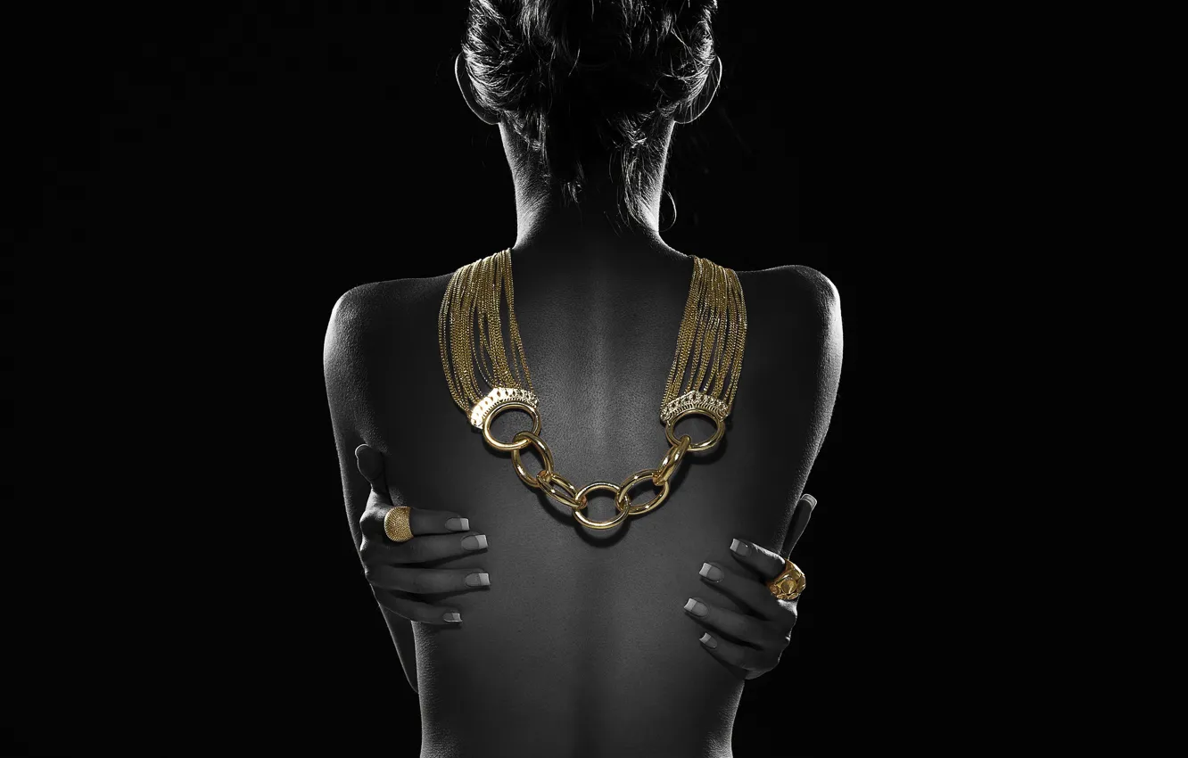 Photo wallpaper girl, background, gold, back, hands, ring, decoration, necklace