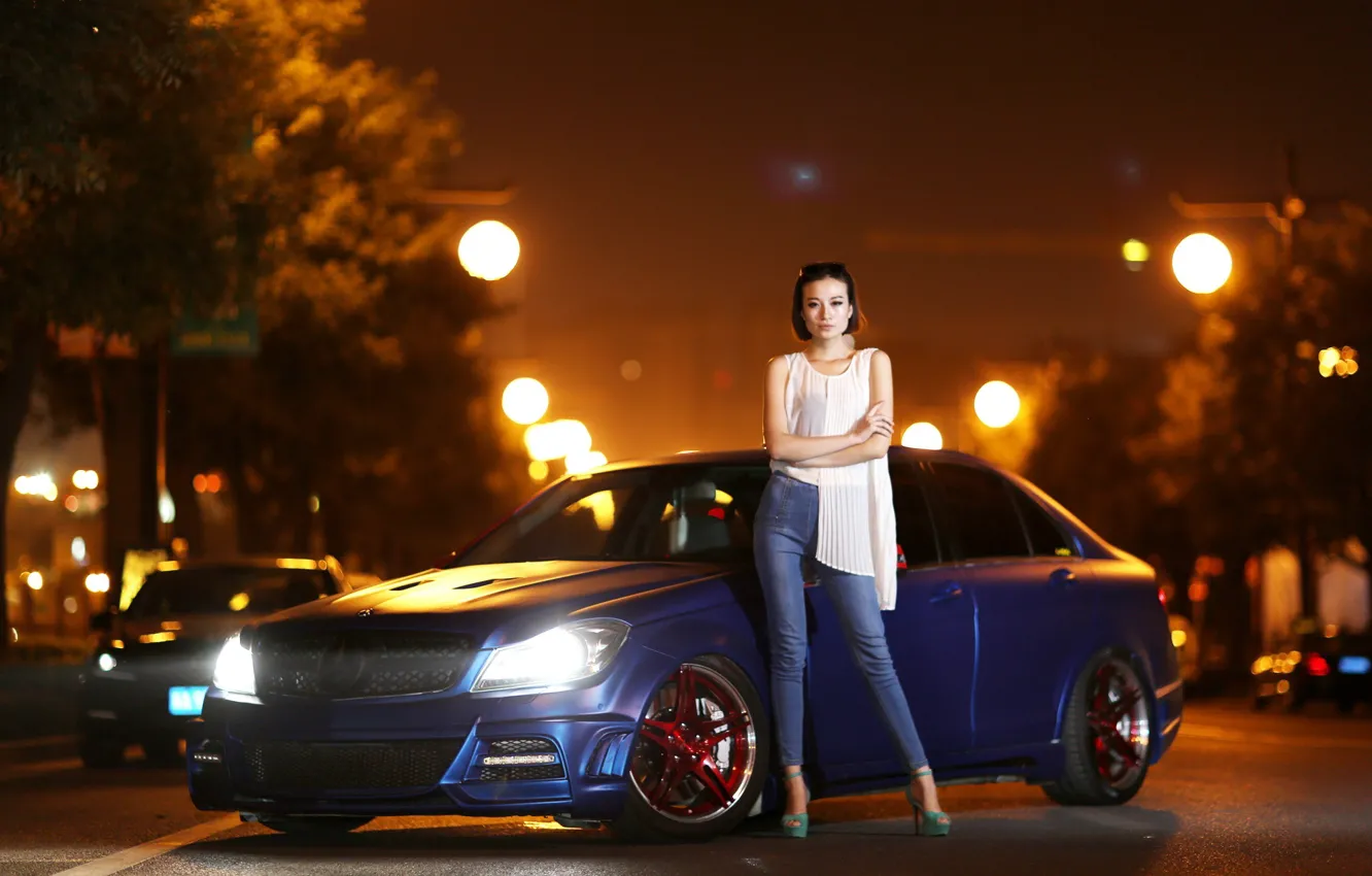 Photo wallpaper auto, look, girl, lights, Mercedes, Asian, beautiful girl