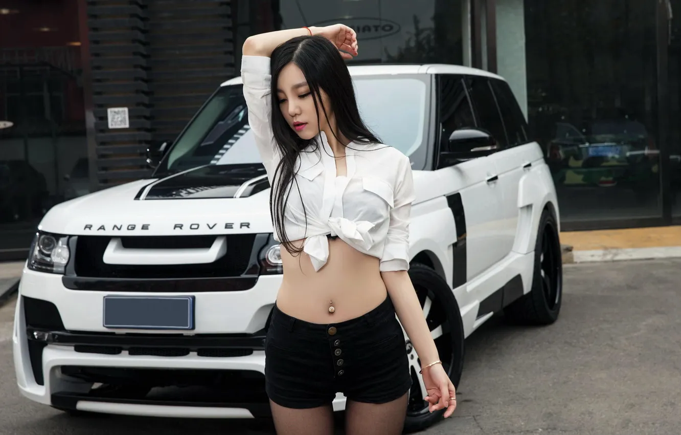 Photo wallpaper Girls, Land Rover, Asian, beautiful girl, white car, against the machine