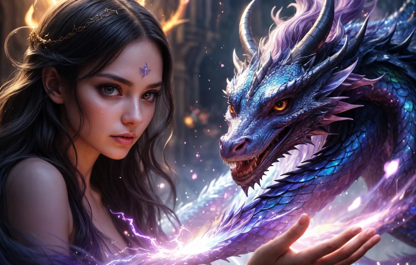 Photo wallpaper girl, magic, dragon, fantasy