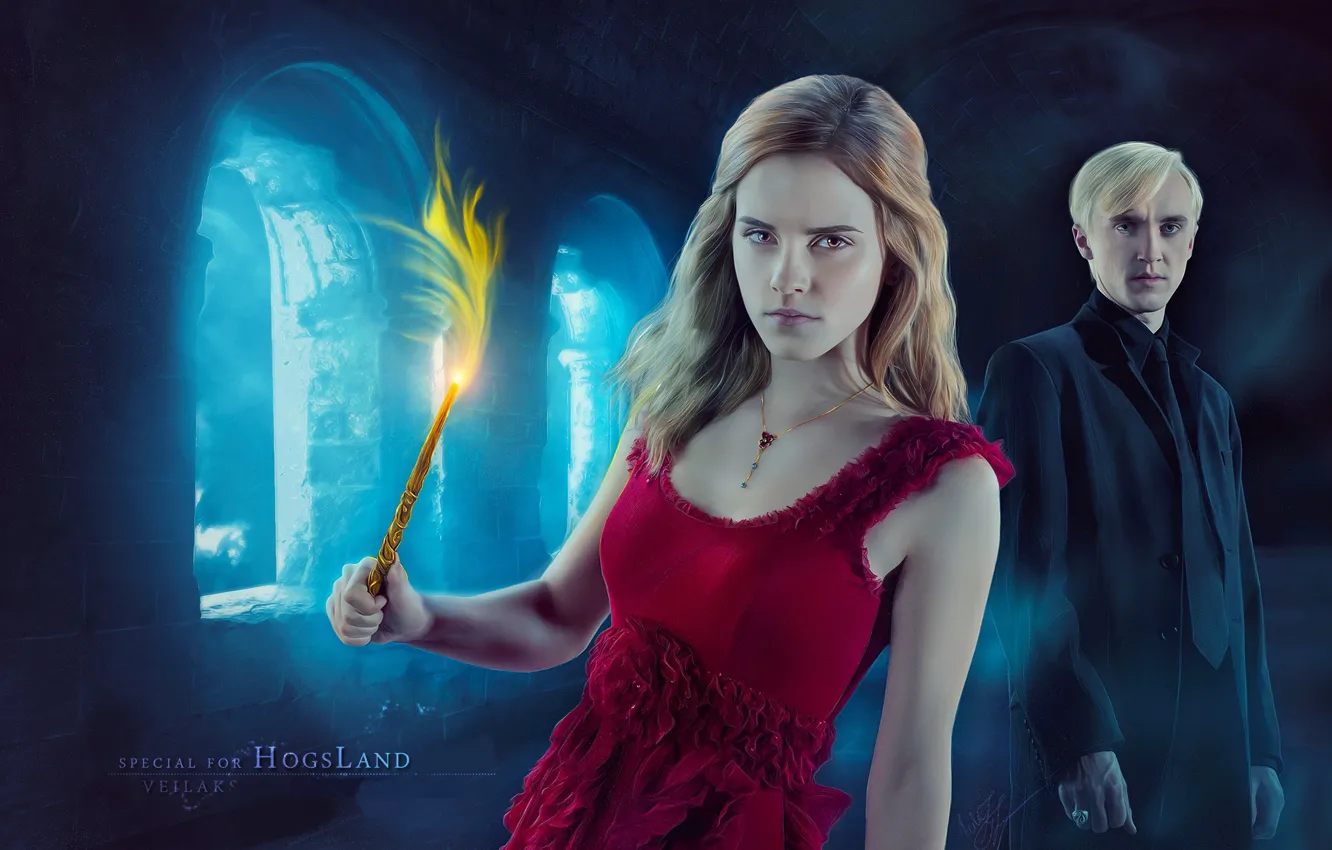 Photo wallpaper magic, Harry Potter, wand, Hermione Granger, Draco Malfoy