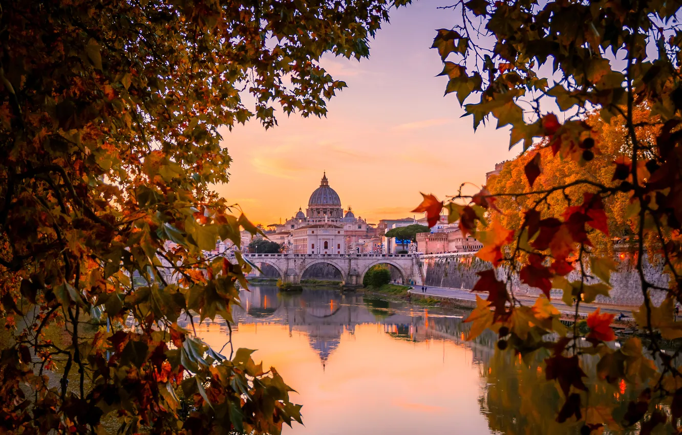 Photo wallpaper autumn, the sky, light, trees, sunset, branches, bridge, the city