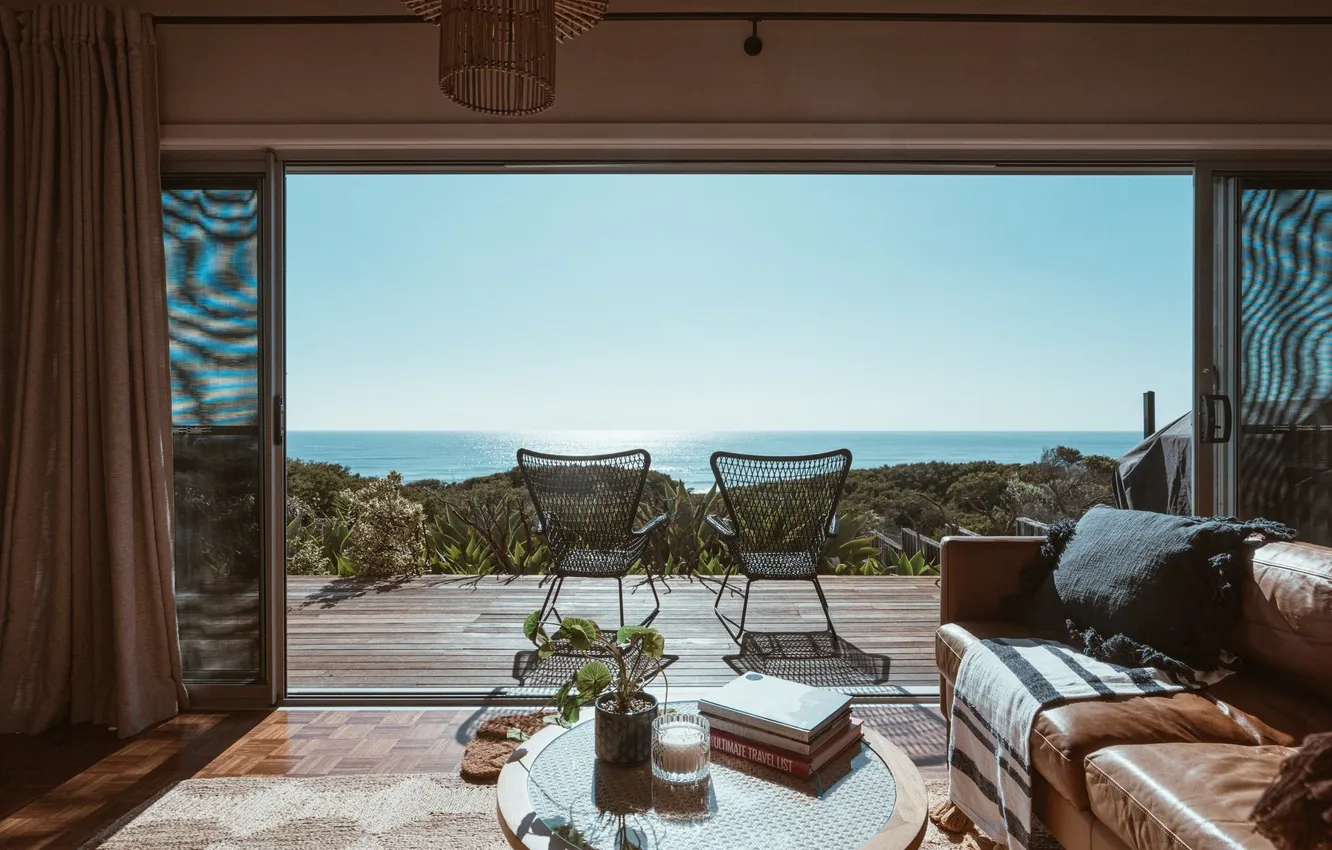Photo wallpaper style, interior, terrace, living room, ocean views, Nature-Inspired Design Tips, Greenery in the design of …