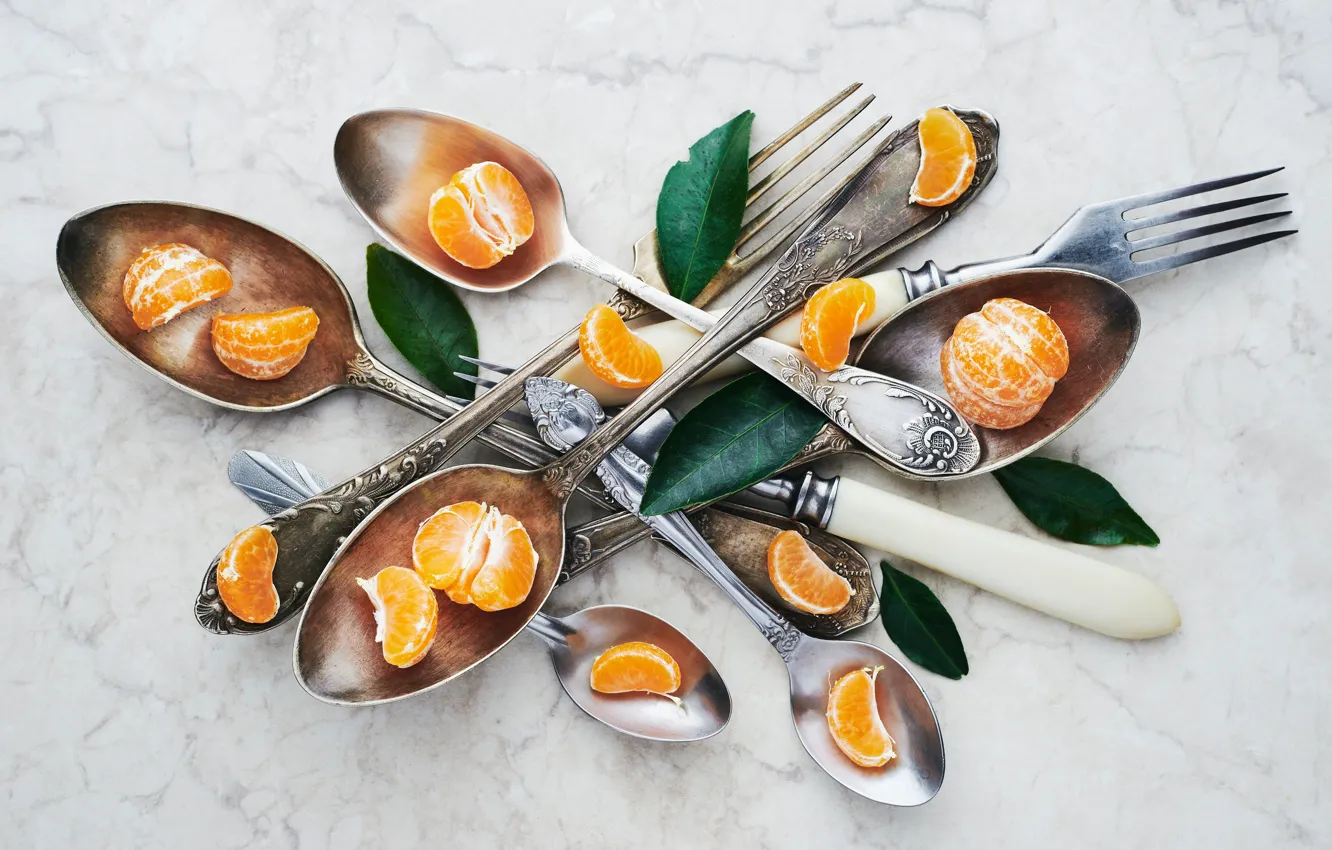 Photo wallpaper fork, tangerines, spoon