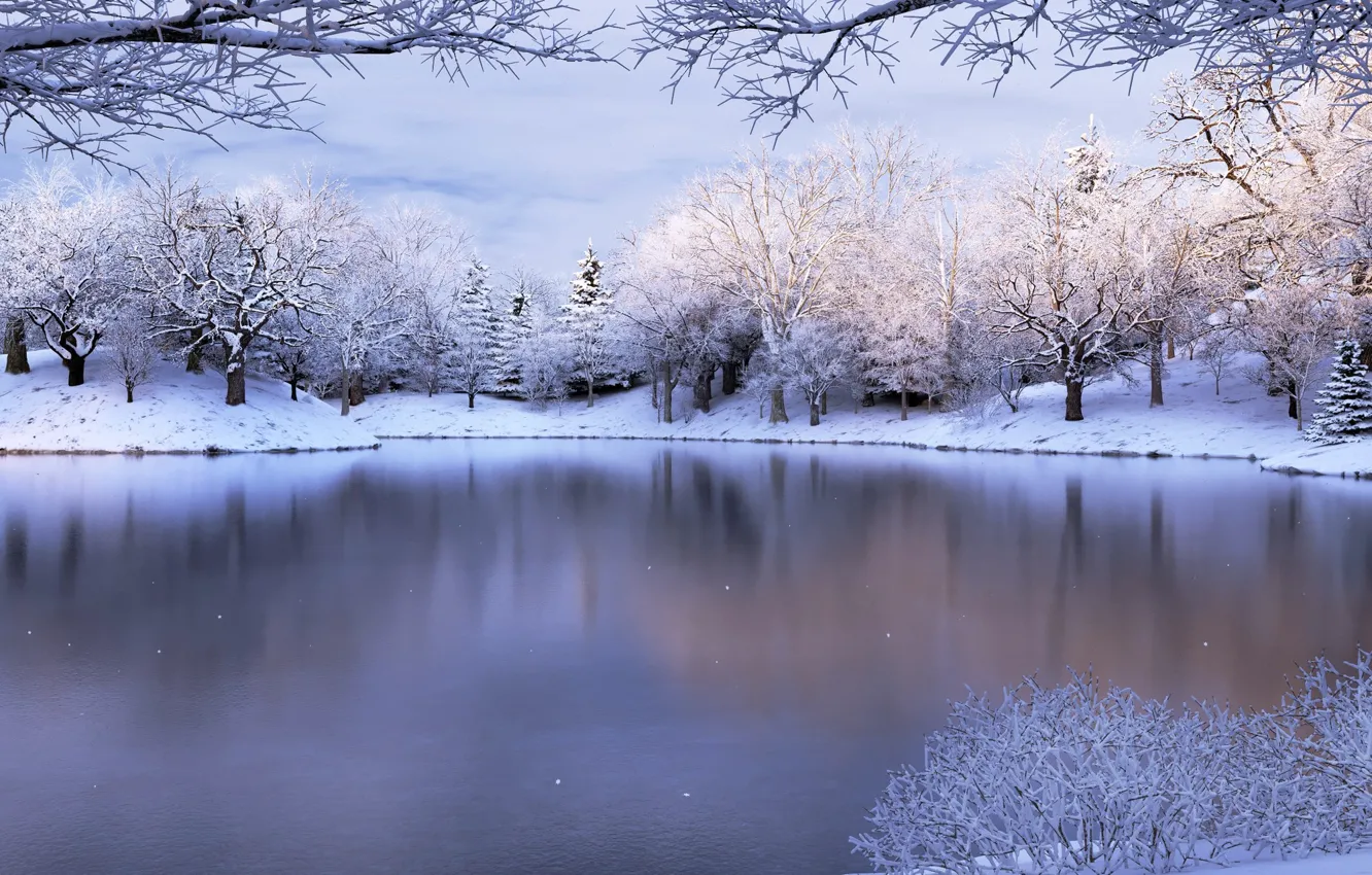 Photo wallpaper Nature, Winter, Snow, Lake, Mood