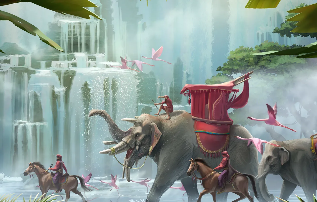 Photo wallpaper animal, Flamingo, waterfall, palace march, jungle