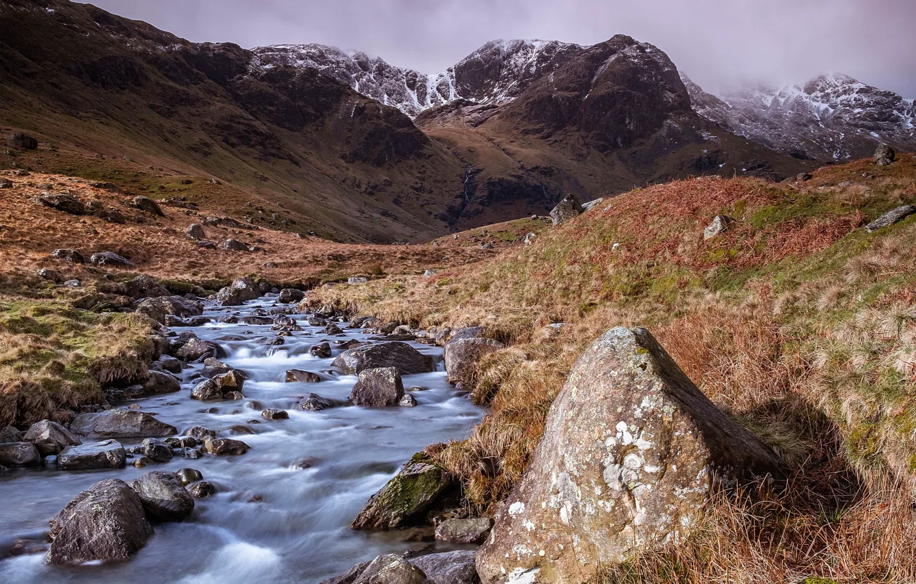 Photo wallpaper mountains, stones, stream, river, Lake District