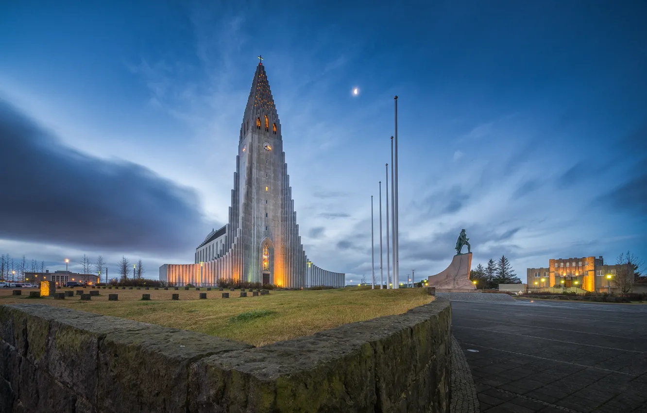 Photo wallpaper the sky, clouds, the evening, monument, Church, Iceland, Reykjavik, Reykjavik