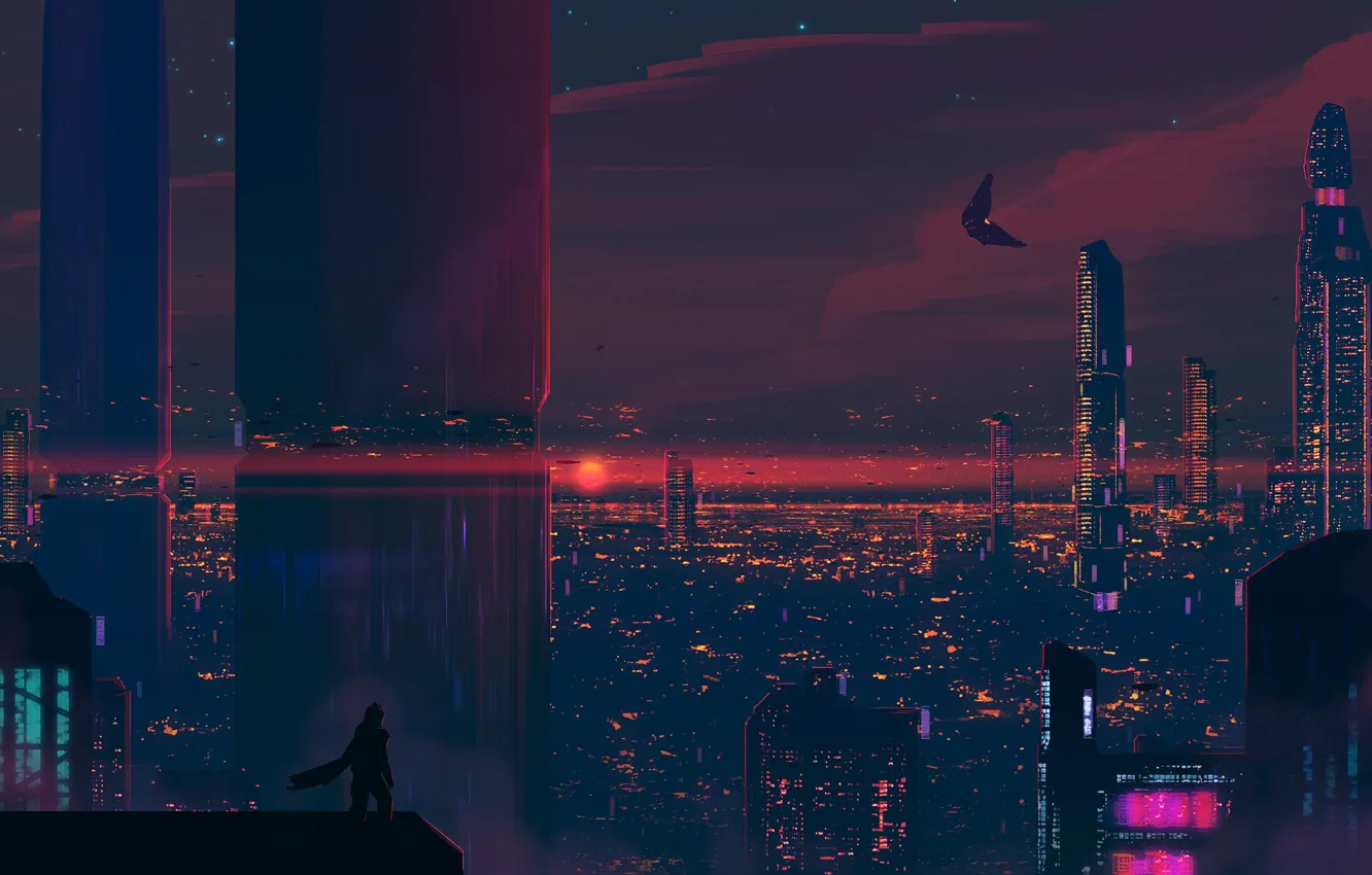 Photo wallpaper the sun, stars, landscape, sunset, city, the city, glare, fiction