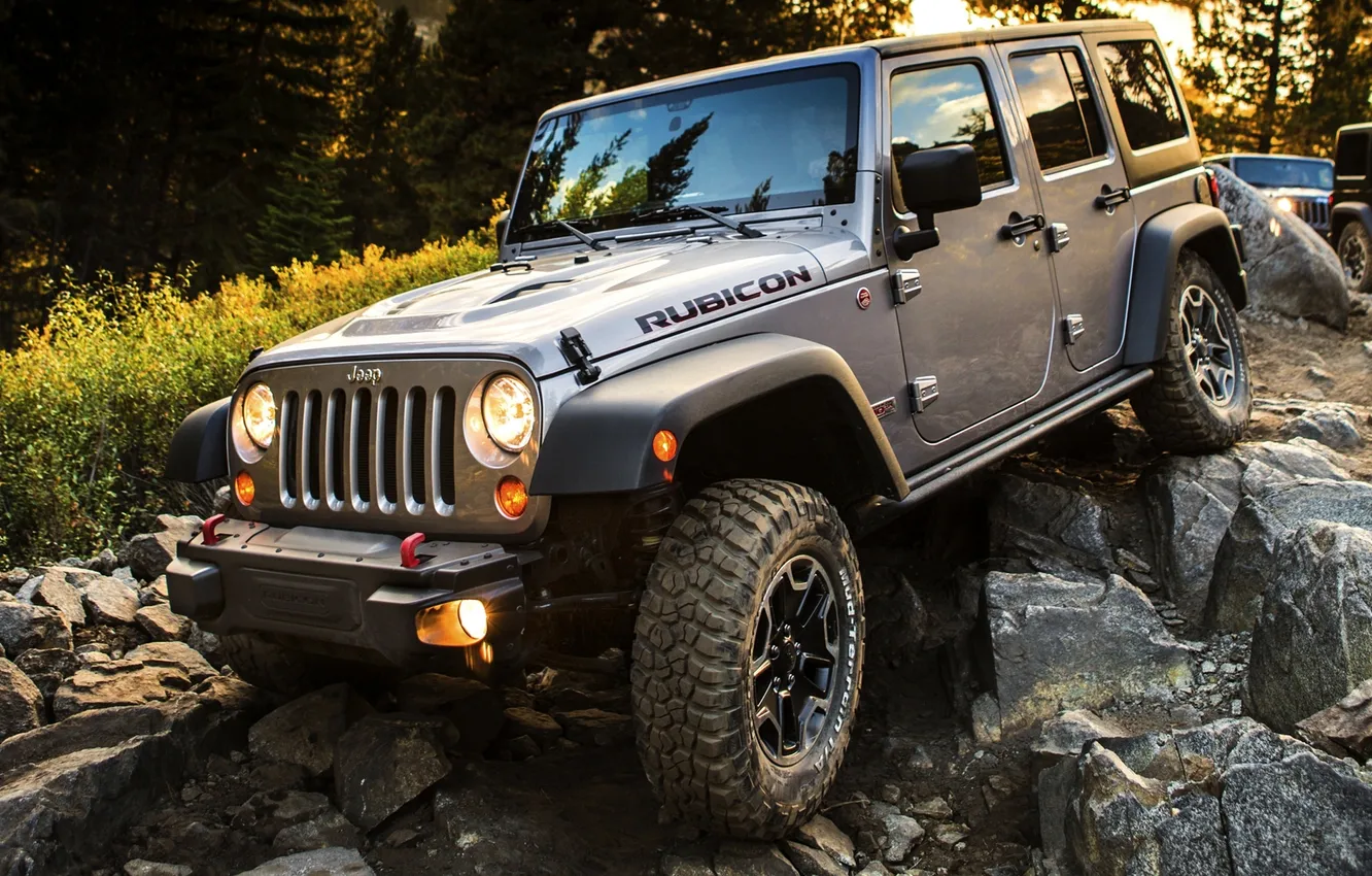 Photo wallpaper machine, auto, stones, wheel, SUV, the front, Wrangler, Jeep