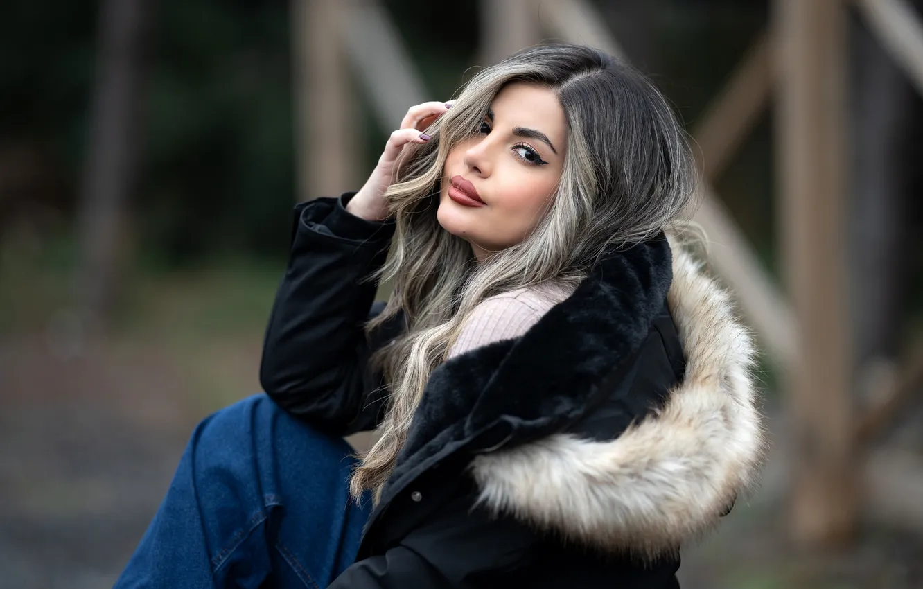 Photo wallpaper look, girl, jacket, hood, bokeh