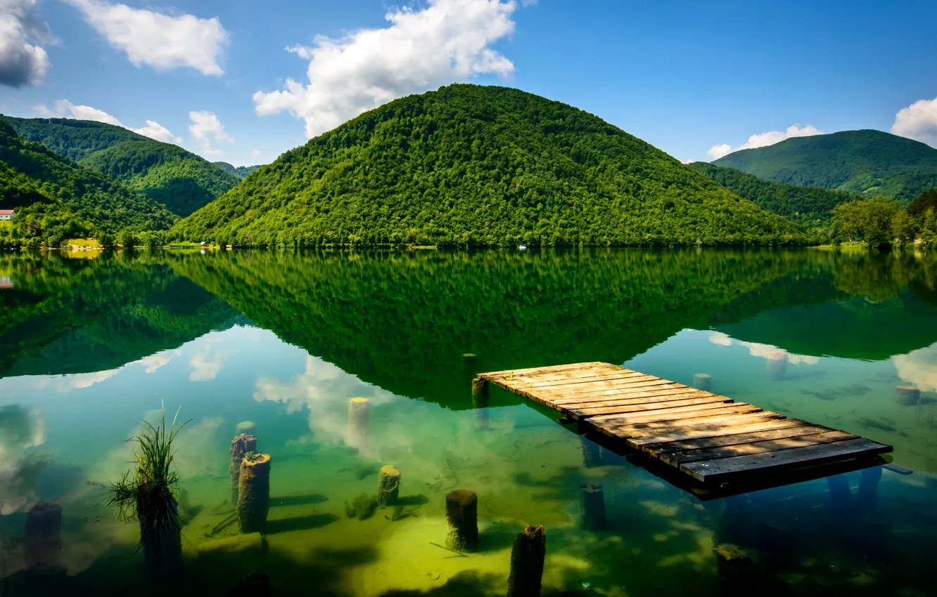 Photo wallpaper greens, mountains, river, the bottom, pier, Bosnia and Herzegovina