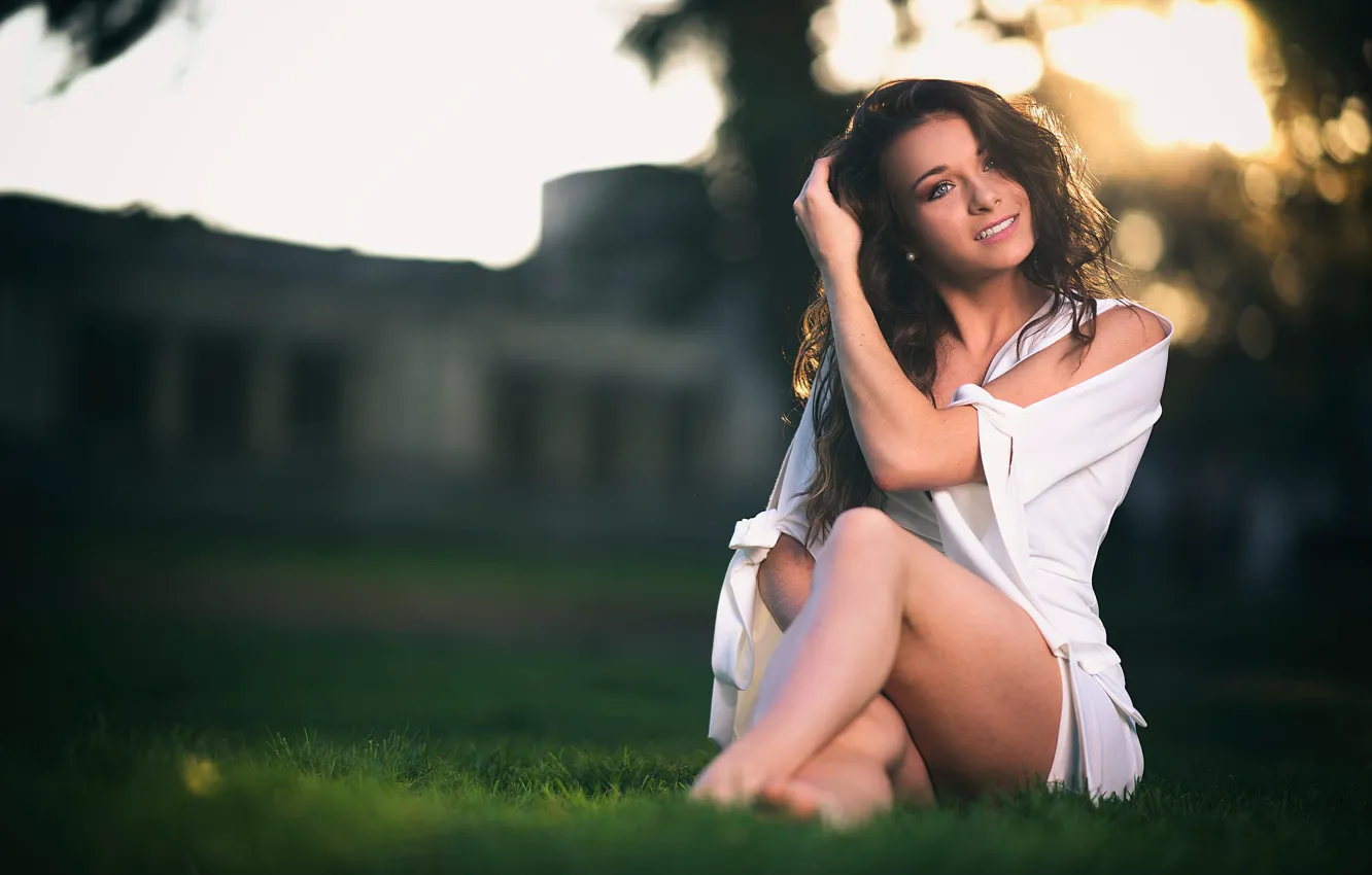 Photo wallpaper girl, dress, legs, lawn, bokeh, Laws